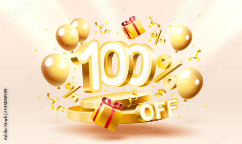 100 Off. Discount creative composition. 3d sale symbol with decorative objects, golden confetti, podium and gift box. Sale banner and poster. Vector