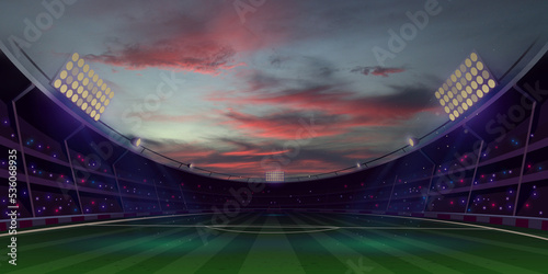 Large stadium with sunset sky