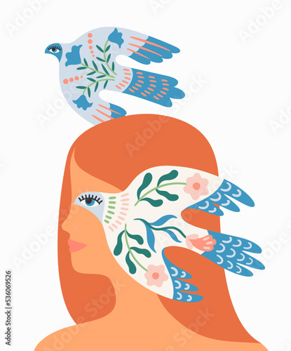 Woman and dove of peace. Vector isolated illustration. Elements for card, poster, flyer and other