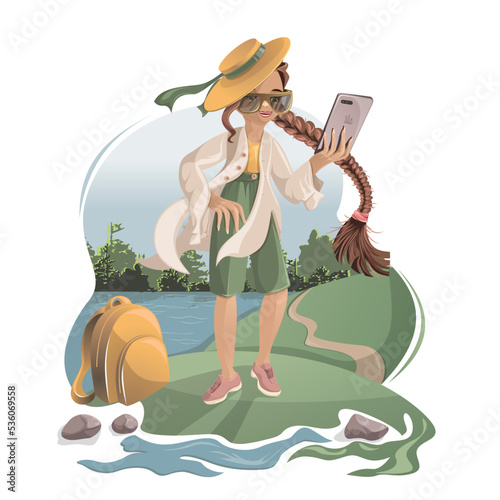 Vector image of a girl dressed for walking on the background of nature posing on the phone. Concept. Isolated on white background. EPS 10