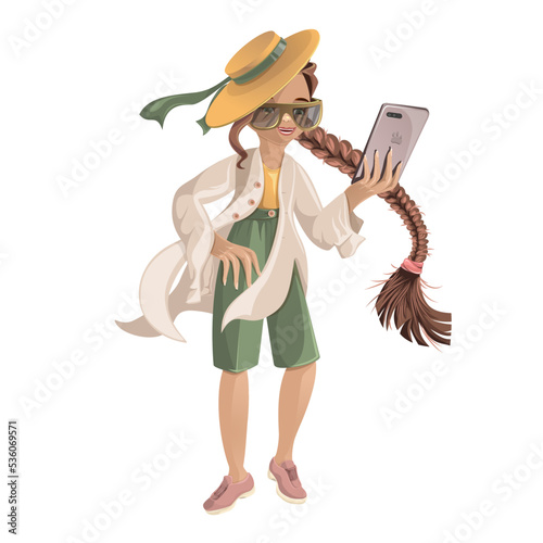 Vector image of a girl dressed for walking in sneakers and a hat, posing on the phone. Concept. Isolated on white background. EPS 10