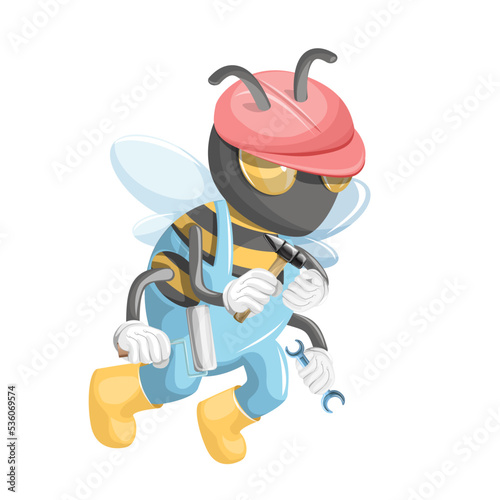 Vector image of a bee in construction uniform with tools. Cartoon style. Isolated on white background. EPS 10 © Ekaterina