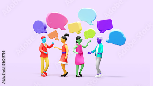 Discussion  conversation or brainstorming for idea  meeting  debate or team communication  opinion concept  business team coworker discussing work in meeting with speech bubbles. 3d render