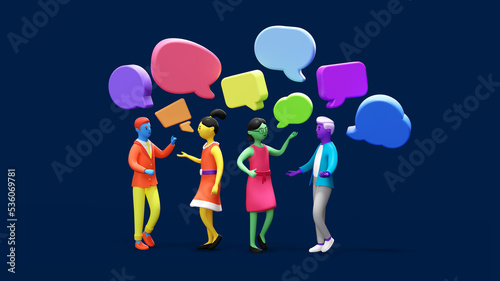 Discussion  conversation or brainstorming for idea  meeting  debate or team communication  opinion concept  business team coworker discussing work in meeting with speech bubbles. 3d render
