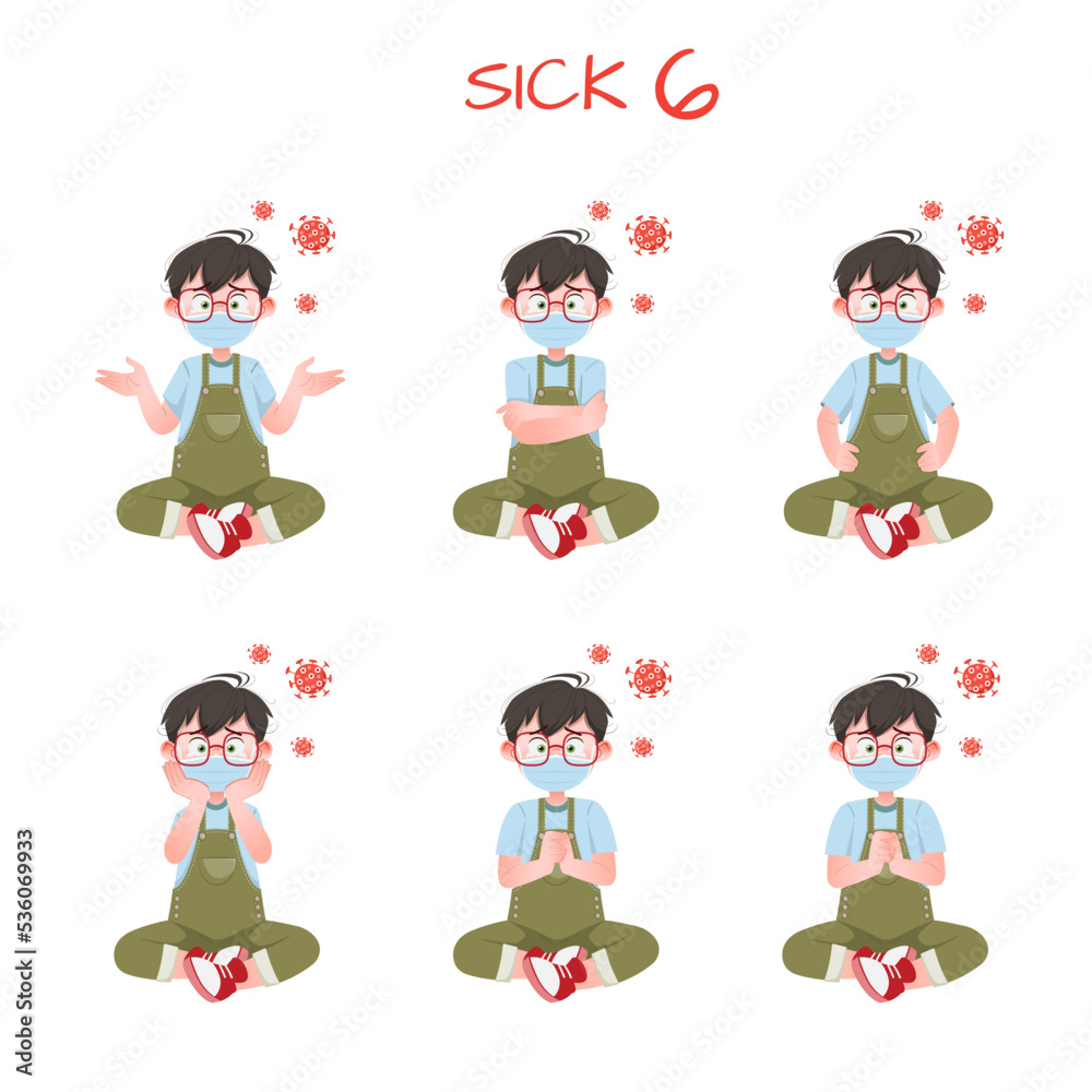Set of kid boys showing sick expression.Vector illustration. Set of kid boys showing sick expression.Vector illustration.