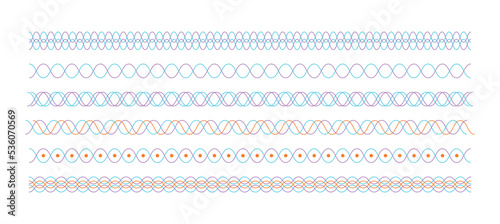 Set of pattern borders in the form of wavy, curved lines with abstract colorful lines intersecting each other.