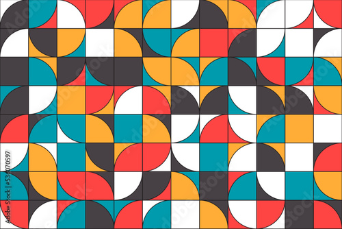 Abstract colorful half circle geometric shapes seamless pattern. Black, blue, orange, red and white geometric semicircles tileable background with contour lines