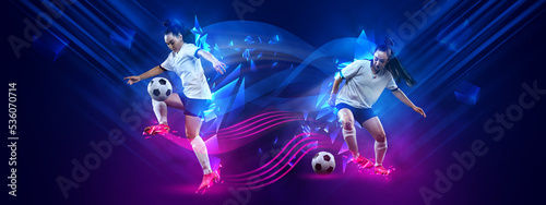 Naklejka Women's football. Female soccer players in motion and action with ball isolated on dark blue background with polygonal neon elements. Art, creativity, sport