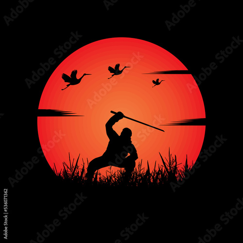 Ninja, Assassin, Samurai training at night on a full moon