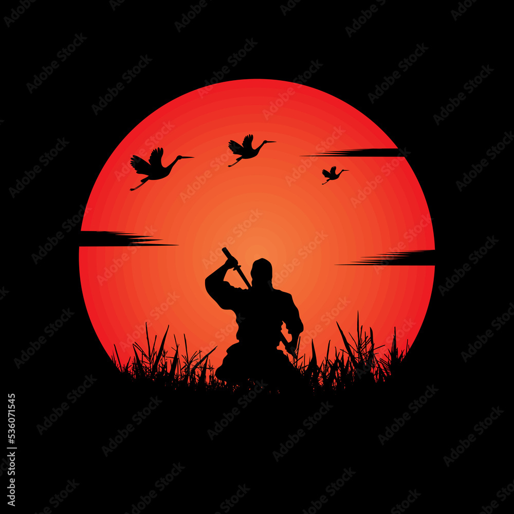 Obraz premium Ninja, Assassin, Samurai training at night on a full moon