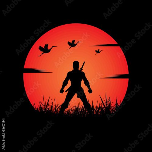 Ninja, Assassin, Samurai training at night on a full moon