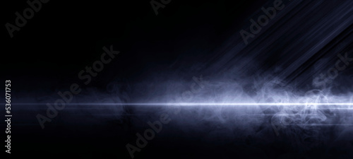Abstract dark blue background, empty dark scene, Rays of neon light in the dark, spotlights floor and studio room with smoke floating up the interior texture for display products, Night view