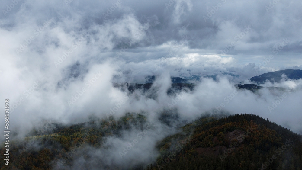 Panorama of forest covered by low clouds. Autumn rain and fog on the mountain hills. Misty fall woodland. Panorama of forest covered by low clouds. Autumn rain and fog on the mountain hills. Misty fall woodland.