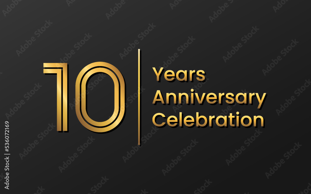 10 Years Anniversary, Perfect template design for anniversary celebration with gold color for booklet, leaflet, magazine, brochure poster, web, invitation or greeting card. Vector template