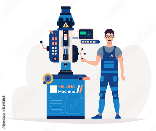 Milling machine and worker isolated. Factory equipment, manufacturing.  Flat vector illustration.