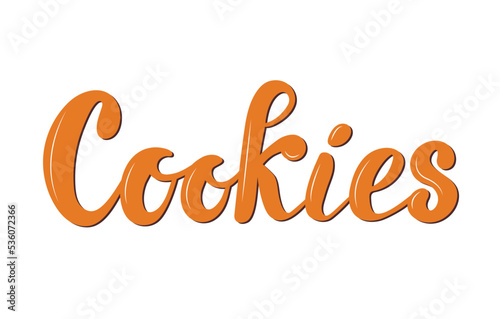 Cookies logo, light brown hand-written letters digital vector illustration of cookies on the white background. Glossy. The illustration is for the cookie packaging banner cards poster. Dessert.
