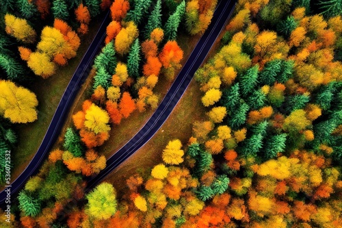 Aerial view of mountain road in forest at sunset in autumn. Top view from drone of road in woods. Beautiful landscape with roadway in hills, pine trees, green meadows, golden sunlight in fall. Travel