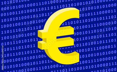 Euro symbol isolated on zero and one binary code. Digital euro CBDC