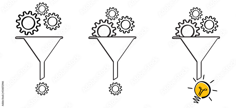 Cartoon funnel withe brain electric lamp idea and cogwheels chaos. lightbulb, cog symbol or logo. funnels symbol. Think, chaos to brilliant ideas. Light bulb and gear mechanism settings tools. Cartoon funnel withe brain electric lamp idea and cogwheels chaos. lightbulb, cog symbol or logo. funnels symbol. Think, chaos to brilliant ideas. Light bulb and gear mechanism settings tools.