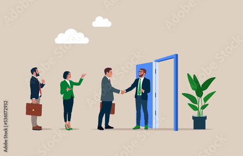Businessman handshake welcome and introduce new staff to team. Onboarding employee, warm welcome to new office, orientation training on first day.