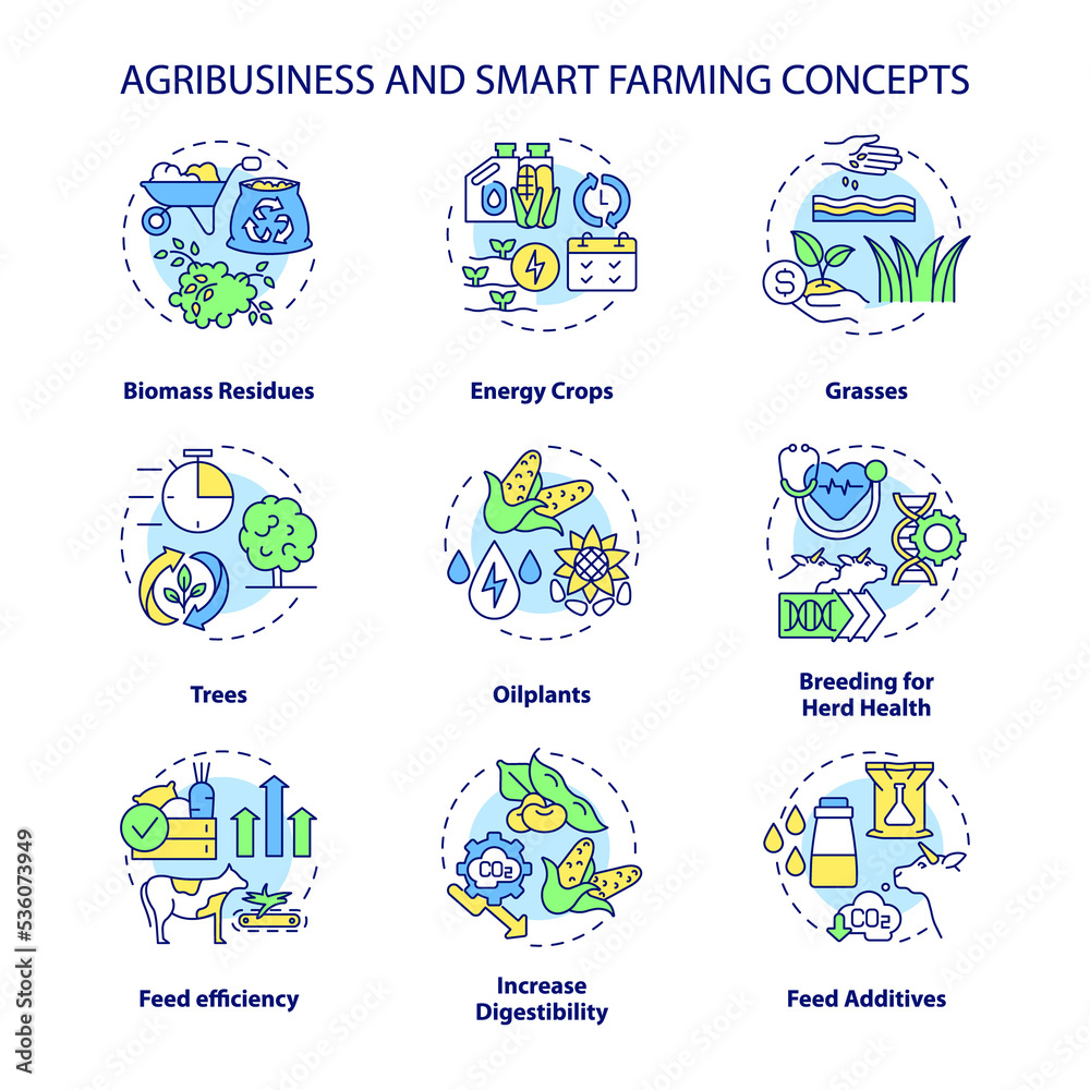 Agribusiness and smart farming concept icons set. Feed efficiency and additive idea thin line color illustrations. Isolated outline drawings