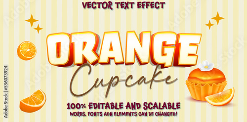 Orange cupcake logo with editable text effect, Fresh sweet foods cupcakes donuts and other baking products illustrations for vintage vector menu in retro style.