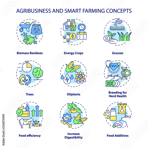 Agribusiness and smart farming concept icons set. Feed efficiency and additive idea thin line color illustrations. Isolated outline drawings