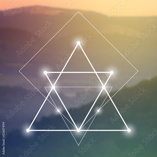 
Sacred geometry spiritual new age futuristic illustration with transmutation interlocking circles, triangles and glowing particle