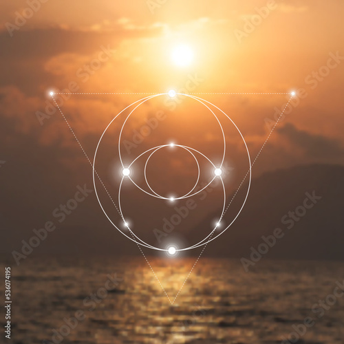 Sacred geometry spiritual new age futuristic illustration with transmutation interlocking circles, triangles and glowing particle