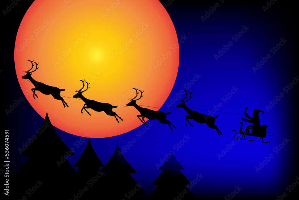 Santa Claus rides in a sleigh with their reindeer through the night. Vector illustration.
