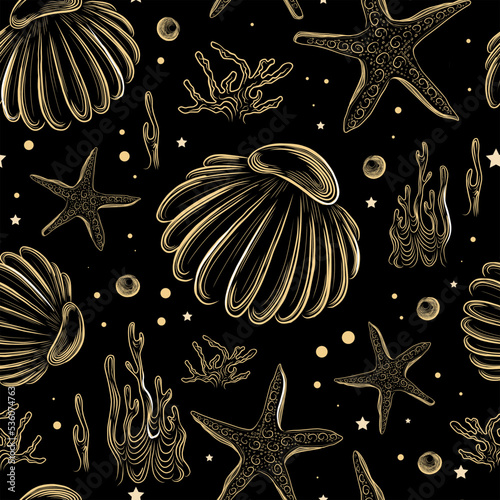 Seamless pattern with seashells and starfish. Magic mood pattern. Black background with gold pattern. Marine pattern