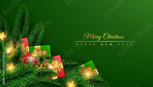 realistic merry christmas and happy new year green background