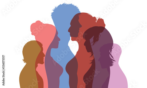 Discussion or comparison between friends in the crowd. People profile dialogue. Group of isolated people talking in coloured flat cartoons. Multiple exposure, Conference or debate.