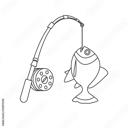 A fishing rod pole with a fish caught on the end line icon vector symbol