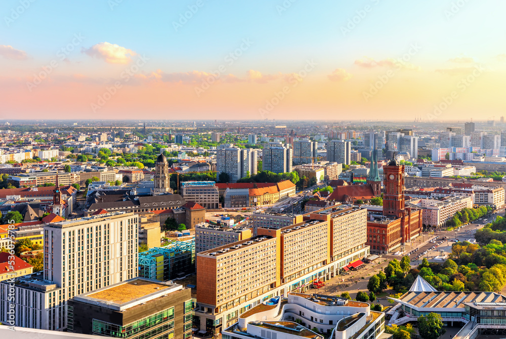 Aerial sunset panorama of the downtown of Berlin, Germany