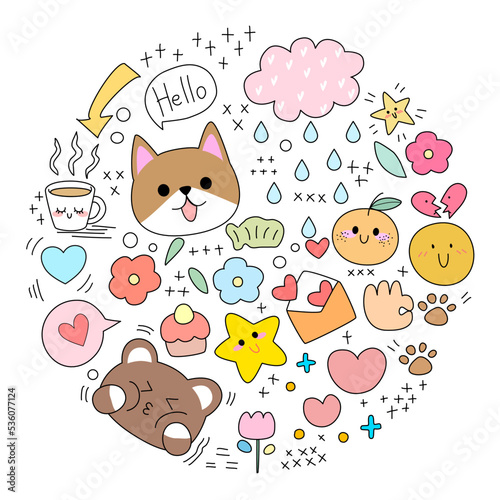 Kawaii set fashion patches badges for sticker , postcard , invitation . vector illustration for kids on a circle background