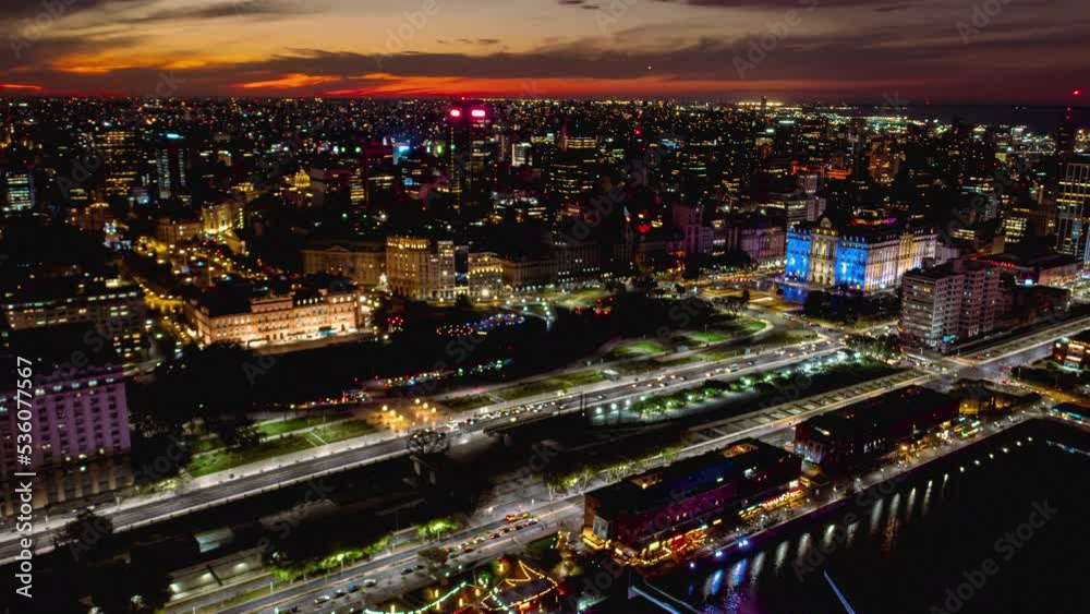 Aerial hyperlapse of street traffic in central Buenos Aires at night