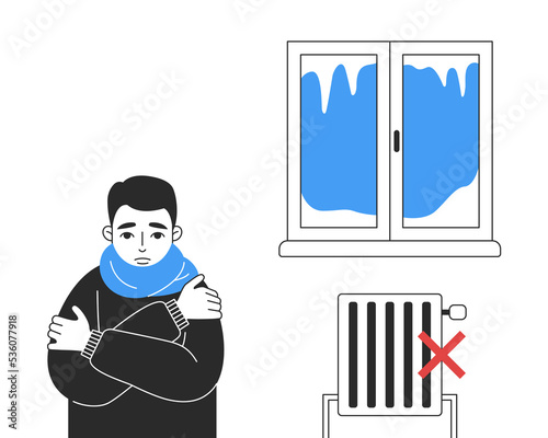 A man is freezing at home. Low temperature, lack of resources. Energy crisis in Europe. Modern vector illustration