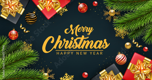 modern merry christmas and happy new year realistic decoration banner design