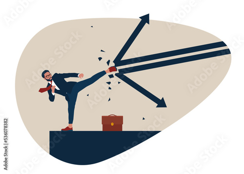 Businessman reflecting a falling arrow graph to protect the economic crisis of a business. Showing leadership, power. Flat vector illustration.