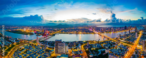 Aerial view of Da Nang city at sunset which is a very famous destination of Vietnam.