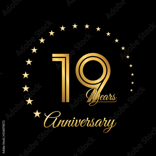 19 Years Anniversary, Perfect template design for anniversary celebration with gold color for booklet, leaflet, magazine, brochure poster, web, invitation or greeting card. Vector template