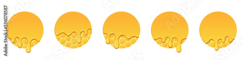Set of honey drops. Dripping melted honey. Realistic melted honey. Honey drops. Melting honey. Yellow liquid dessert, sweet drip melt. Vector illustration