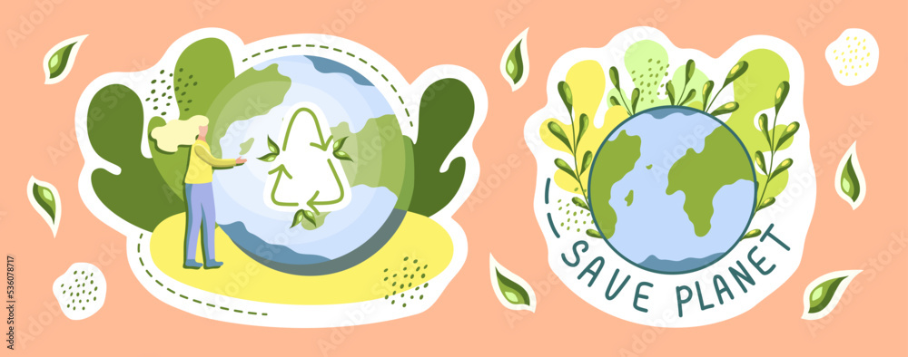 Ecological stickers. Environment protection, sustainability concept. Safe planet. Reuse. Recycle. Vector illustration.