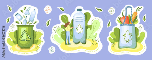 Ecological stickers. Environment protection, sustainability concept. No plastic, safe planet, use your own bag. Reuse. Recycle. Vector illustration.