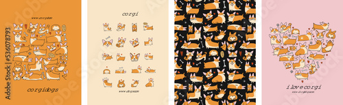 Corgi dogs collection. Frame, pattern, icons, heart shape. Set of hand drawn concept art for your design project - cards, banners, poster, web, print, social media, promotional materials. Vector