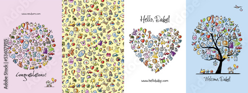 Newborn baby concept art collection. Birthday cards. Frame, heart shape, tree, background. Set for your design project. Vector illustration