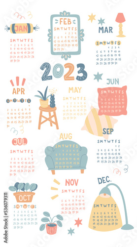 2023 calendar. Calendar posters with furniture doodle. Doodle vector collection. Vector illustration, vertical format. Hand drawn illustration.