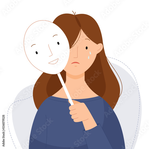 A woman hides her emotions behind a mask. Girl crying and holding a happy mask. Vector flat illustration.