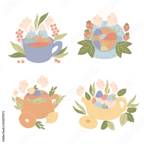 Hand drawn illustration with tea elements. Background with teapots, cups, leaves and berries. 